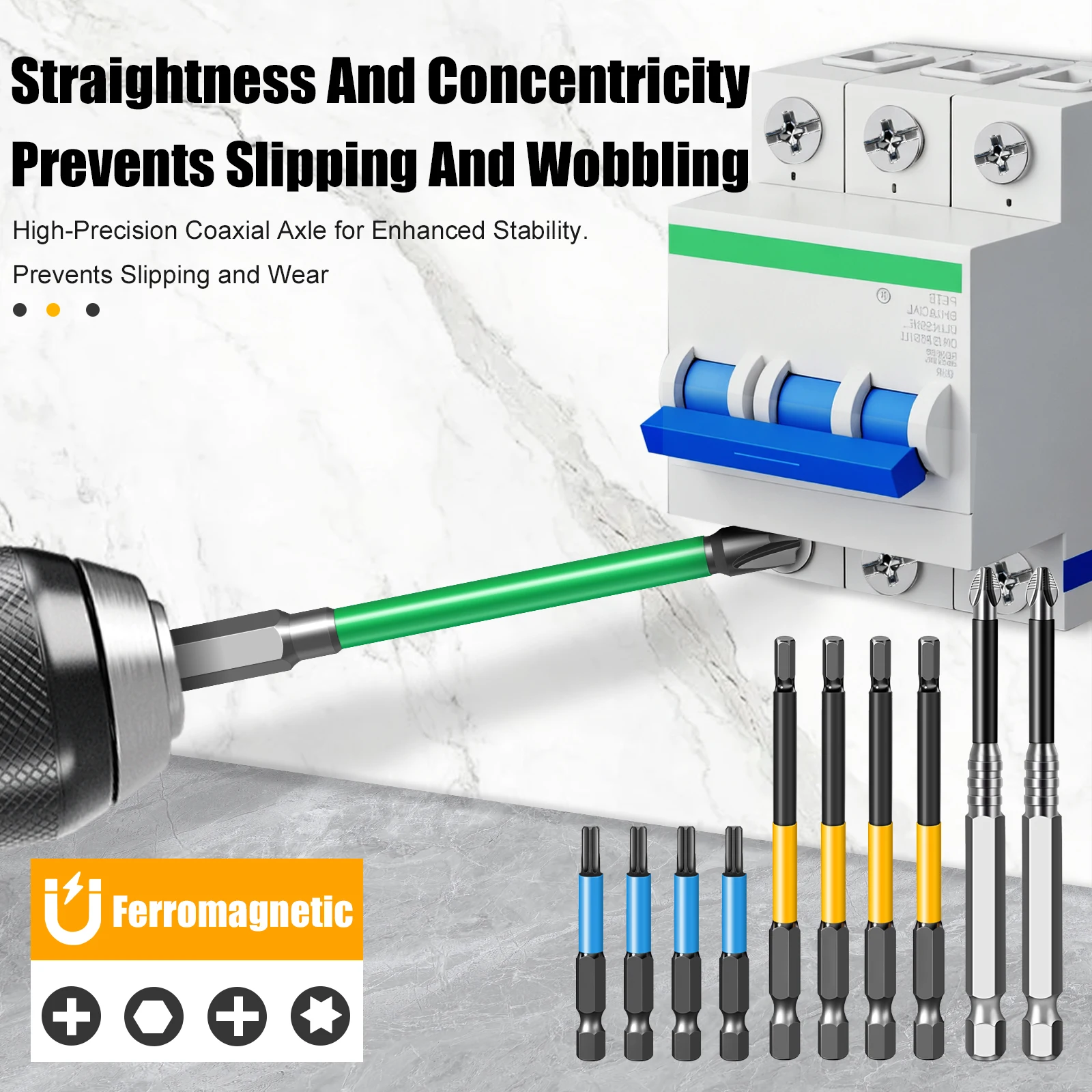 Professionelles Elektriker-Bit-Set, 4 Typen, Anti-Camout-Slip, S2-Stahl, PH2, Sechskant, FPH2, Torx, mehrere Größen – Detail 2