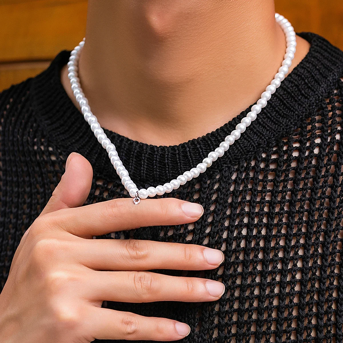Salircon Prosty, ręcznie wykonany krótki naszyjnik z imitacji pereł Moda męska Rhinestone Star Pendant Choker Punk Party Jewelry — zdjęcie 2