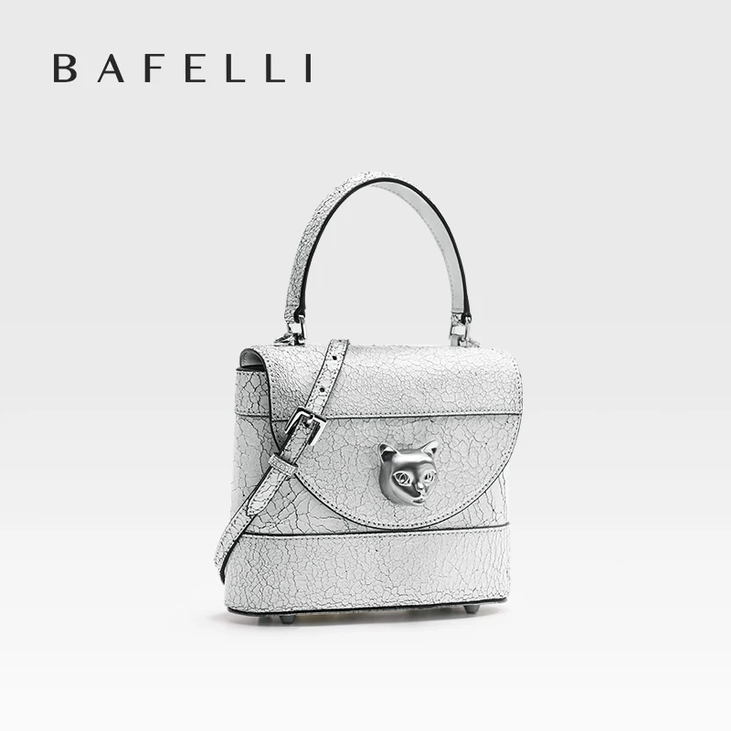 BAFELLI 2026 New Arrival: Unique Cracked Leather Shoulder Bag with Cat Head Design, Luxury Brand Mini Crossbody Bag