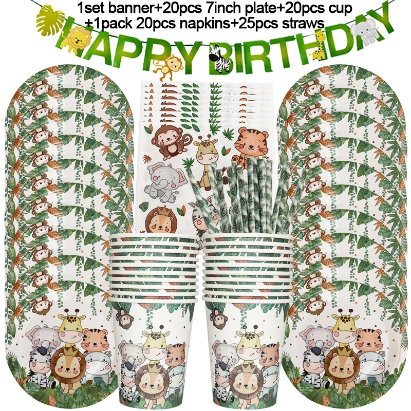 Jungle Verjaardag Decoratie Dieren Wegwerp Feestservies Set Wild One Woodland Safari Verjaardagsfeestje Babyshower Benodigdheden