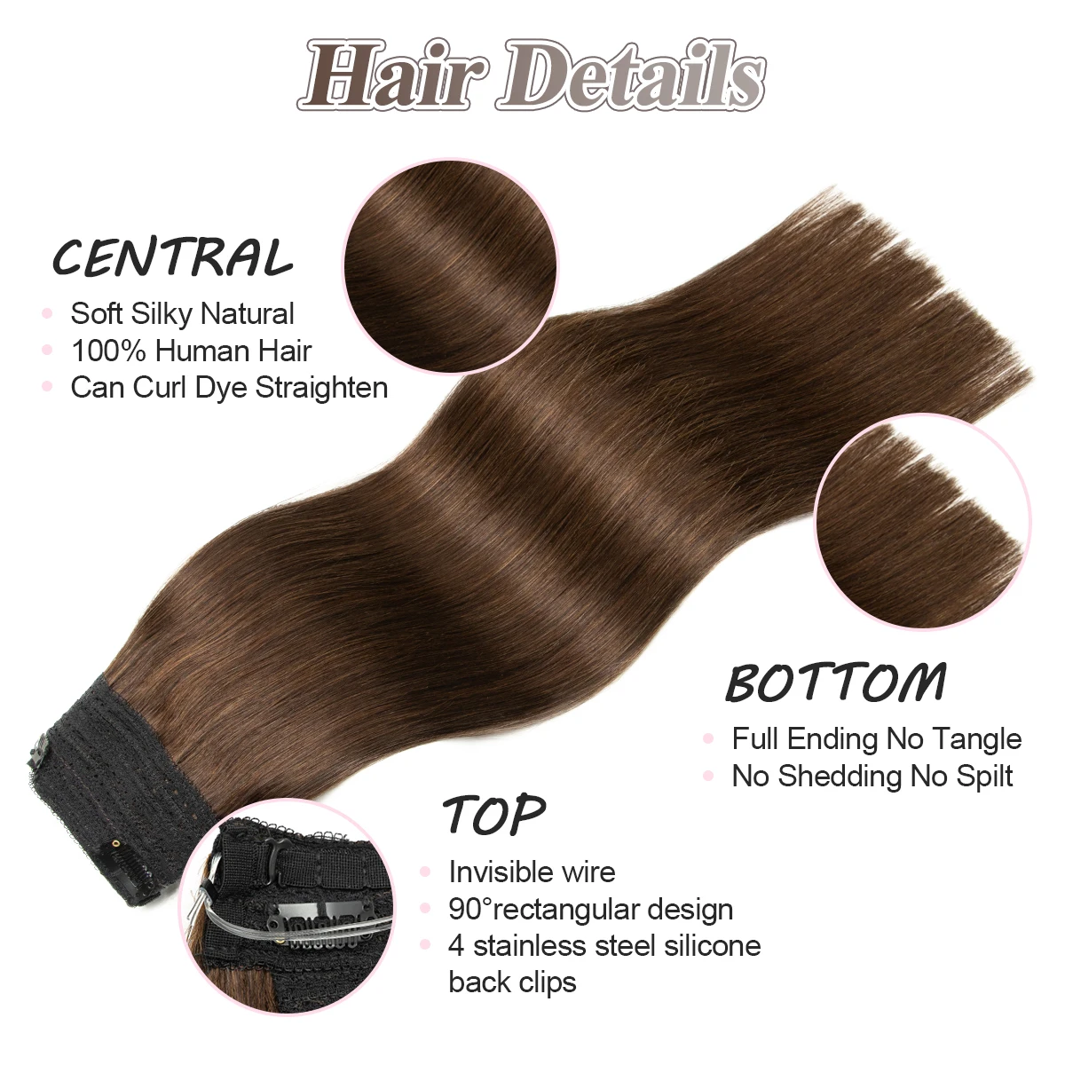 سلك شعر هالو في وصلات الشعر، شعر بشري مستقيم، خط صيد السمك، وصلات شعر طبيعية مع 4 مشابك، لحمة شعر، إضافة حجم #2