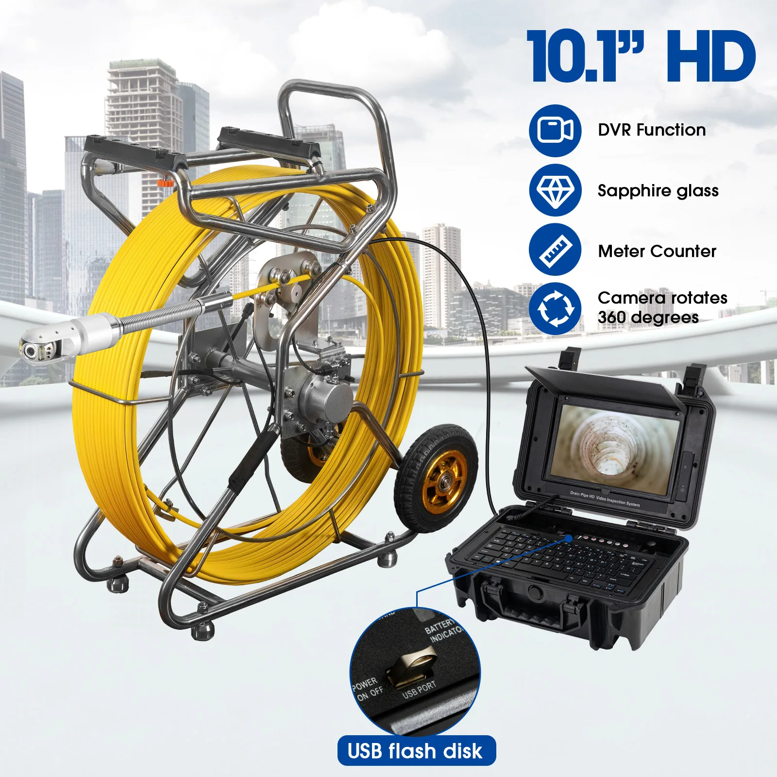 DVR 9mm Cable 360 Degree/180 Degree Rotation Pipe Inspection Camera 20-200M, SYANSPAN 10.1