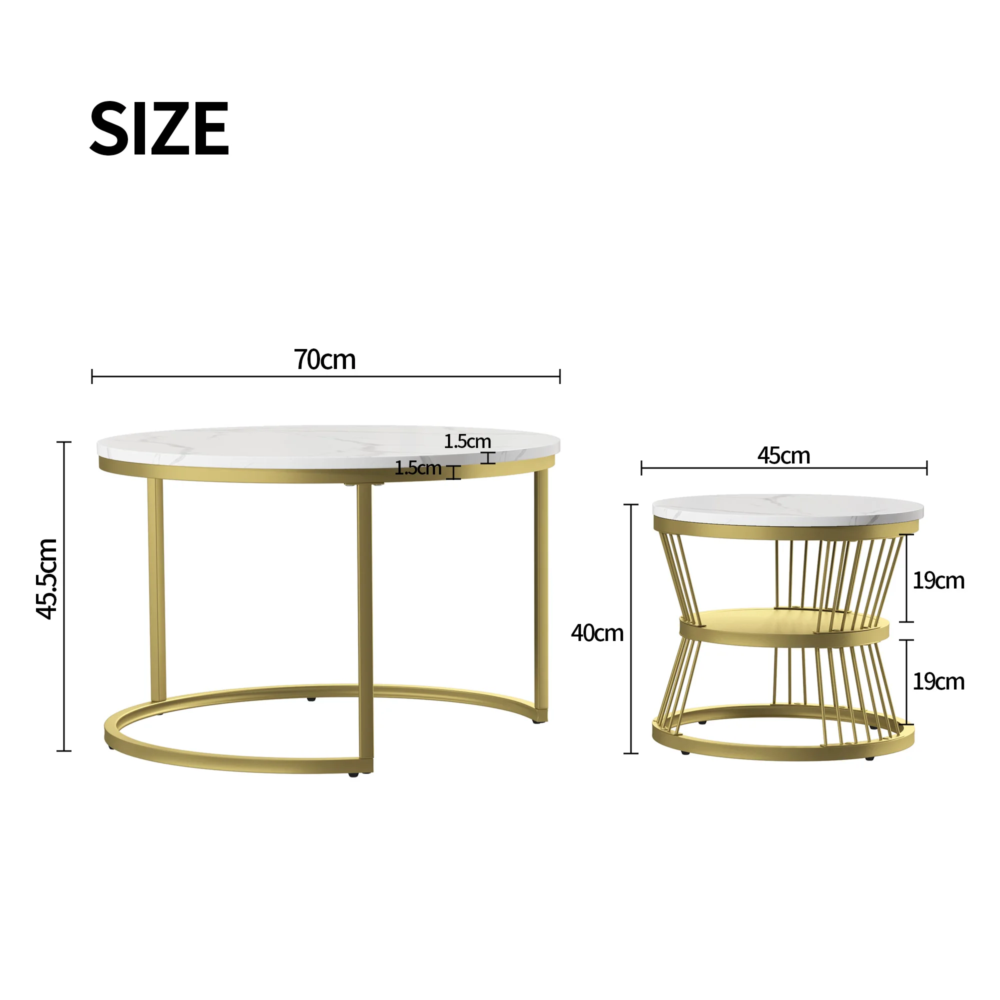 2 Stück moderner Nesting Couch tisch, Couch tisch Set Marmor Furnier Sofa Seiten nest von Tischen runde Beistell tische, 2er-Set, goldener Rahmen