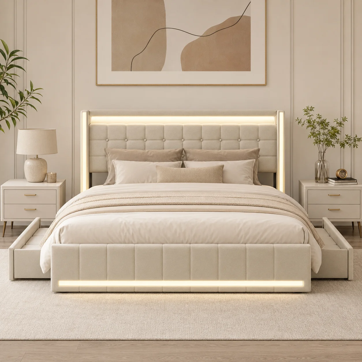 Gestoffeerd bed 160x200 cm, linnen, met 4 laden en opbergvak, houten bladrooster, voor jongeren en volwassenen, beige (zonder matras)