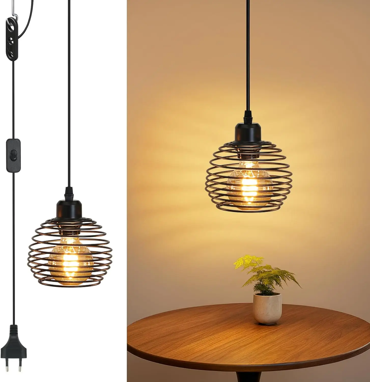 Lampada a sospensione vintage a 1 lampadina: lampada a sospensione industriale nera con spina e interruttore, lampada a sospensione con attacco E27 e cavo da 2 m, lampada a sospensione retrò per