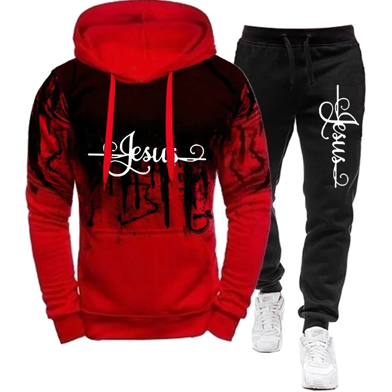Mens Fashion Jesus Printed Winter Tracksuit Sweatshirts+Sweatpants Casual Sport Suits Man Hoodies Trousers Outfit Athleti Sets