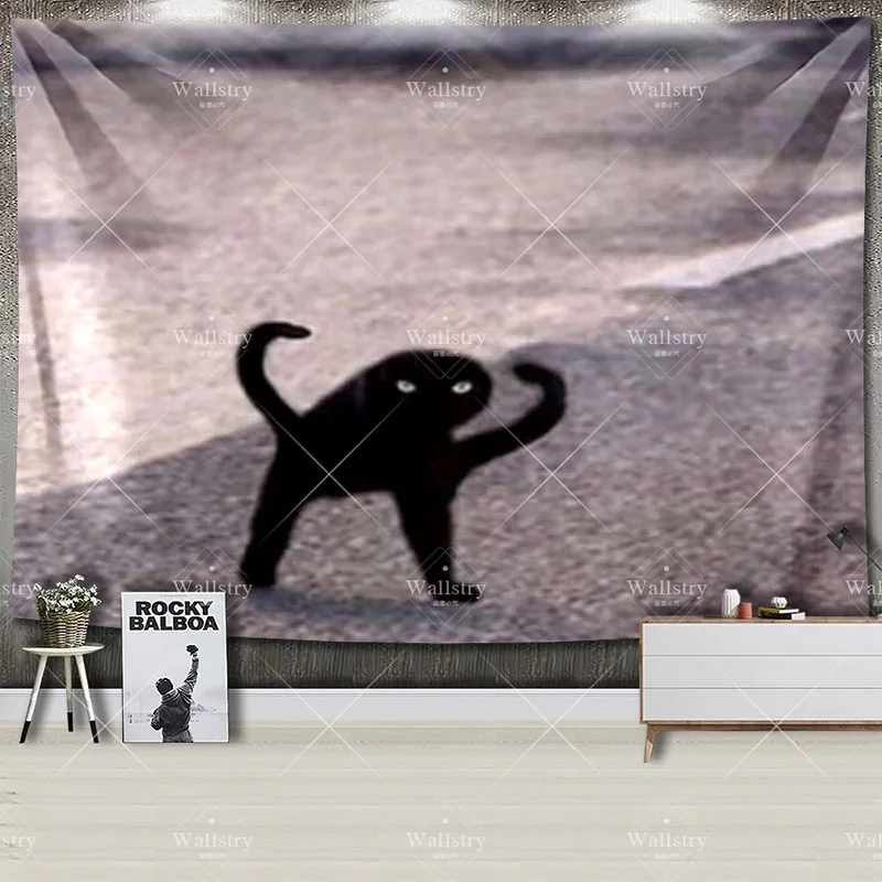 Black Cat Pfp Meme Funny Tapestry Large Fabric Wall Tapestry Kawaii Room Decor Wall Hanging Background Cloth Beach Mat