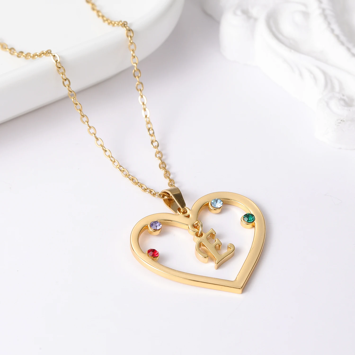 Personalizado Coração Birthstone Colar, personalizado inicial letra pingente, aço inoxidável Nome Jóias, Dia das Mães