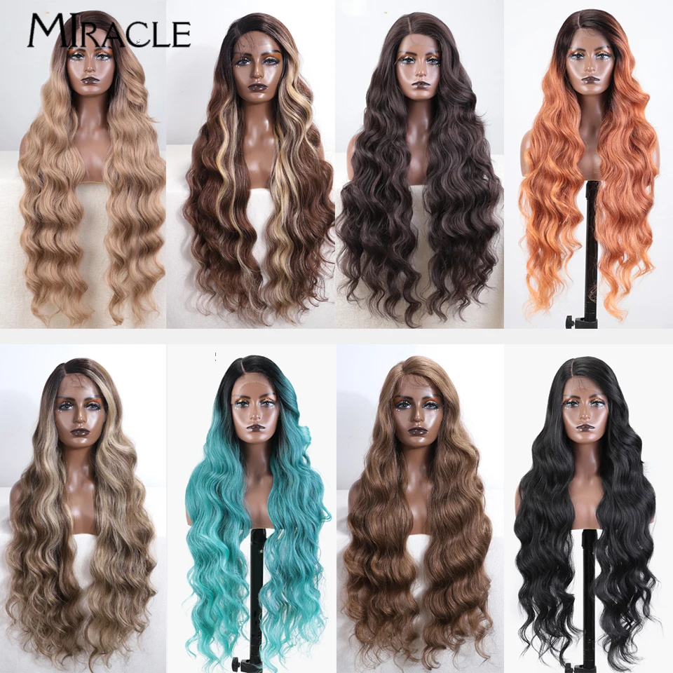 MIRACLE Synthetic 36 Inch Lace Front Wig Cosplay Soft Fiber Lace Wig For Woman Fake Hair Colorful  Heat Resistant Brown