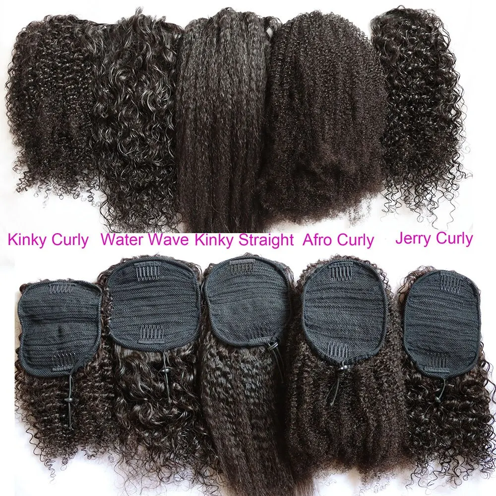 Rambut Virgin keriting Afro Kinky klip kolor rambut ekor kuda ekstensi rambut manusia Jerry Curl rambut Remy Brasil untuk wanita