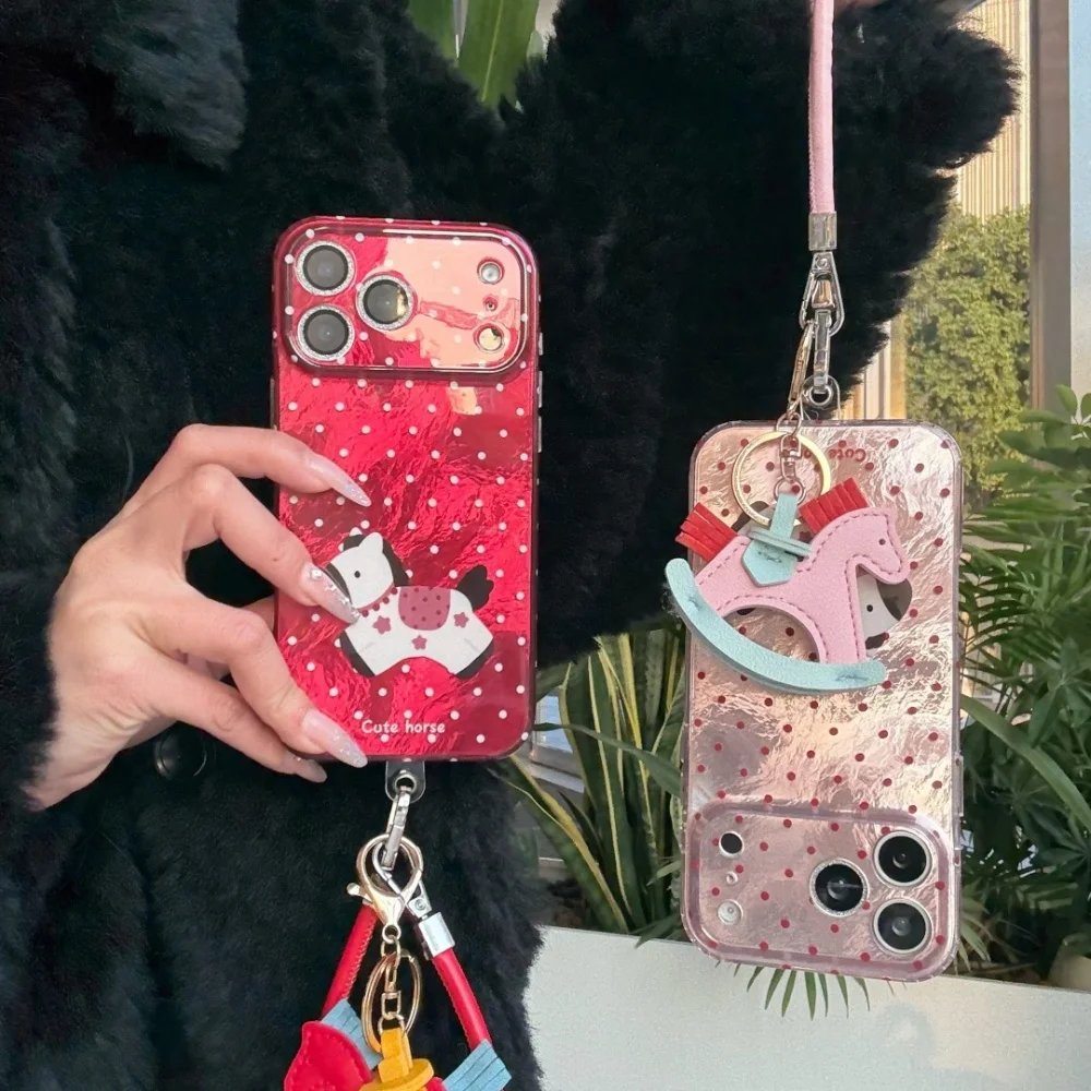 

Cute polka dot pony phone case for iPhone 17 16 ProMax14 15Pro fundas fashion personalized shockproof protective case with charm