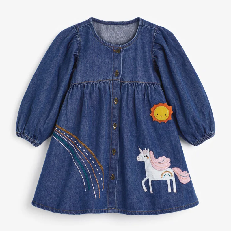 

Quality Cotton Denim Long Sleeve Baby Girl Clothes Princes Dresses Children's Clothing Kids Autumn Cartoon Jeans Dress for Girls