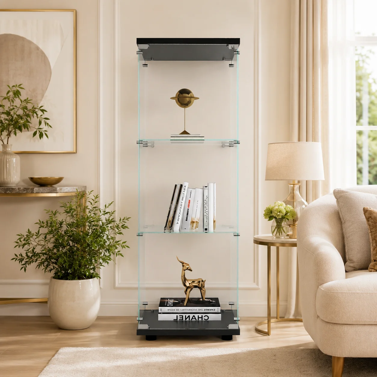 Vitrine en Verre Debout avec 3 Couches, vitrine Moderne en Verre trempé, Transparente, Anti-poussière, Armoire de Collection avec Portes et Serrure, Bar, Salon, Chambre à Coucher, Bureau, 42x36x125cm
