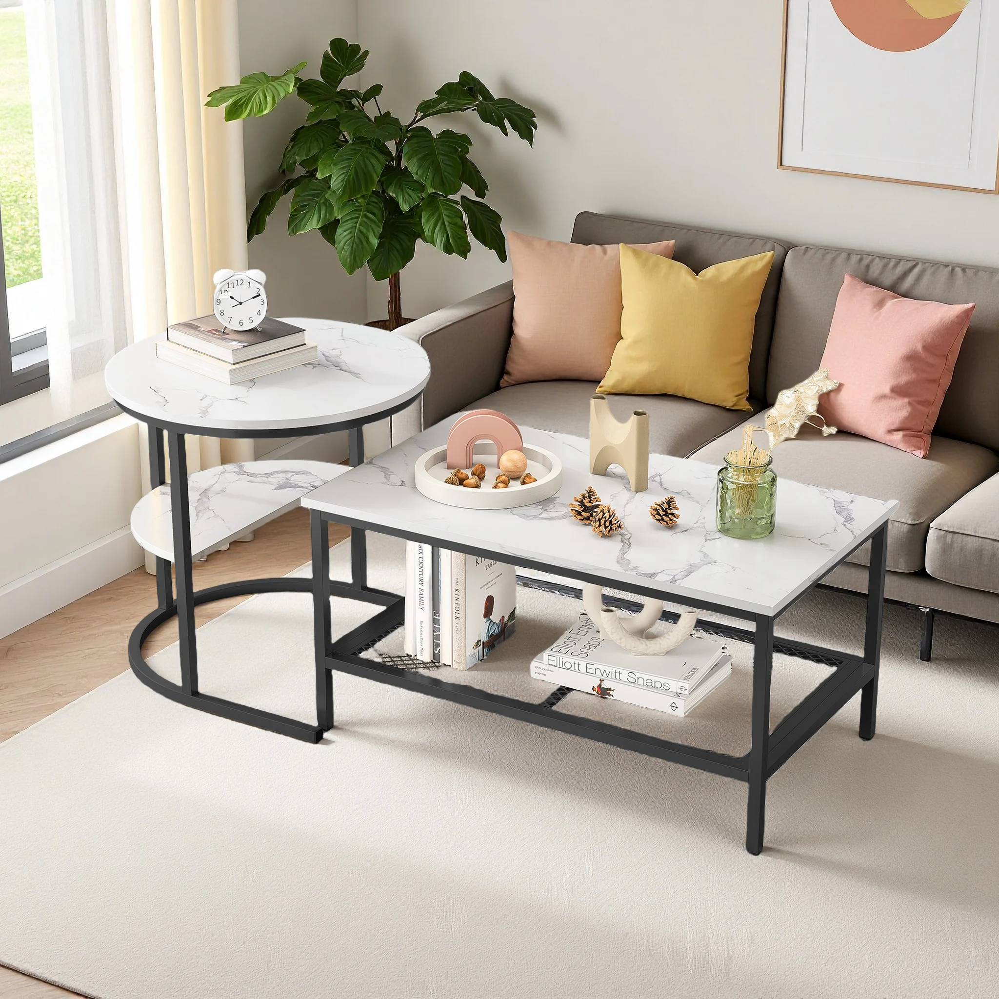 Comanlai 2-in-1-Couchtisch, Beistelltisch, Wohnzimmertisch mit Ablagefläche, runde und rechteckige Tischkombination, schwarz