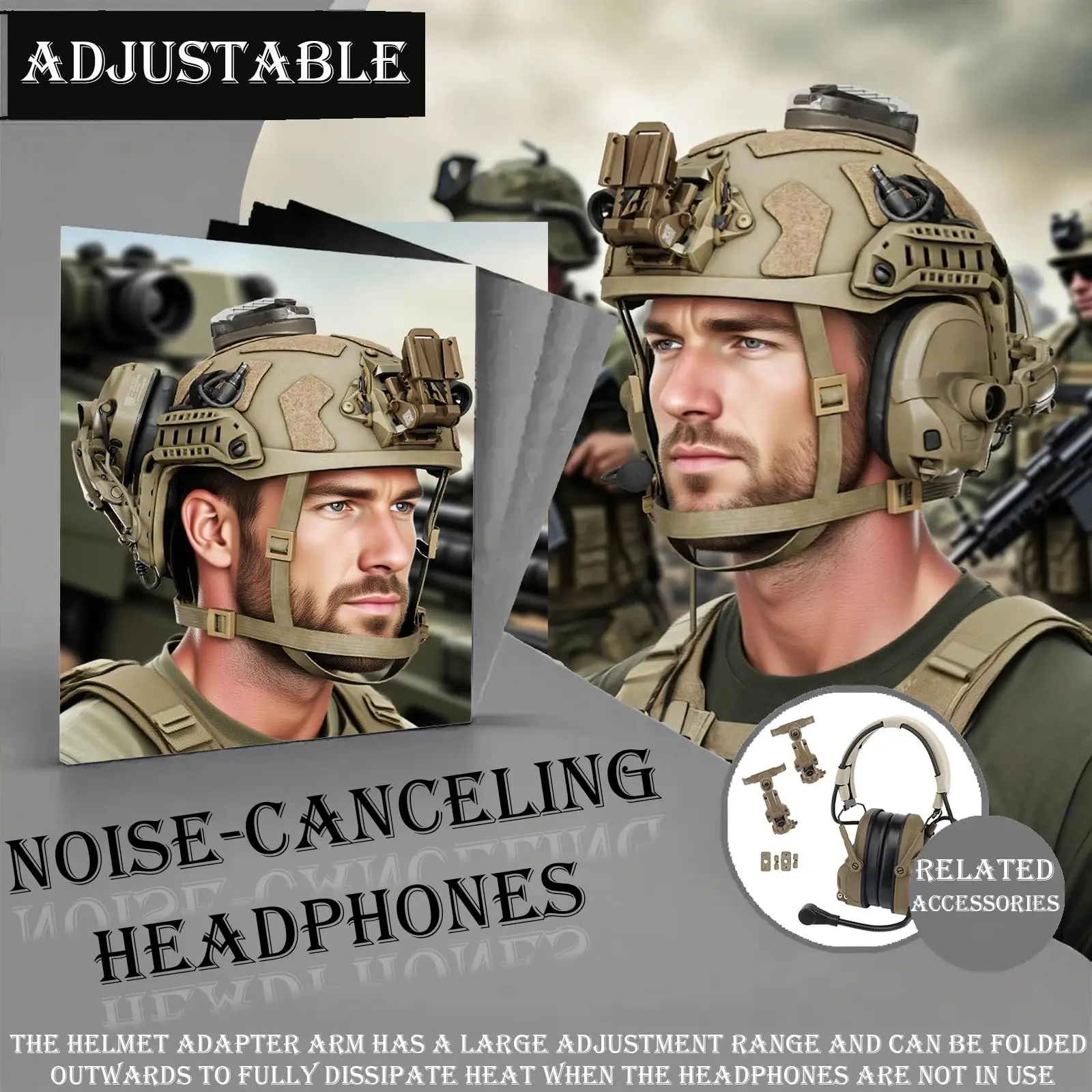 

Tactical Helmet with Headset, 6in1 Upgraded Adjustable with flashlight for Airsoft Cosplay Tactical Gear Outdoor Activities