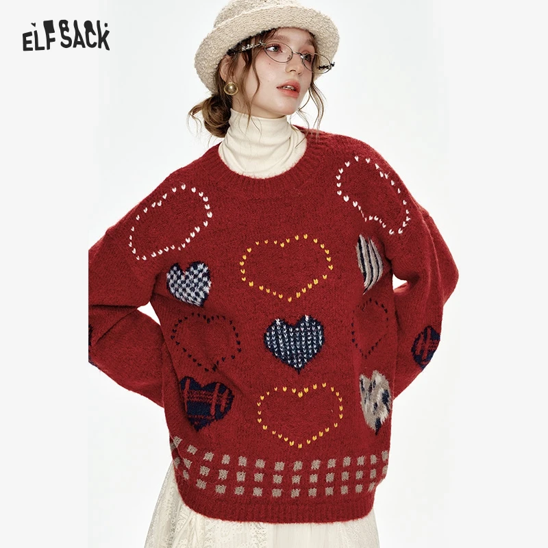 

ELFSACK 2024 Winter New Arrivals Christmas New Year Red Heart Jacquard Round Neck Loose Sweater for Women