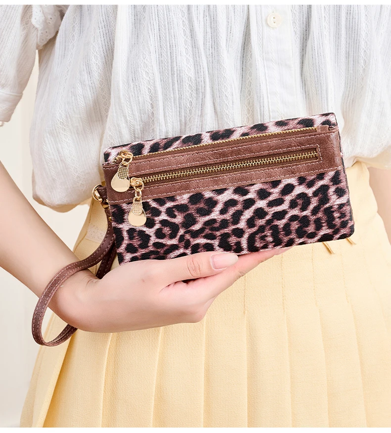 Vintage Damen-Geldbörse mit Leopardenmuster, Doppelreißverschluss, PU-Leder, lange Geldbörse, multifunktionale Kreditkarten-Clutch mit Handgelenkschlaufe – Detail 15