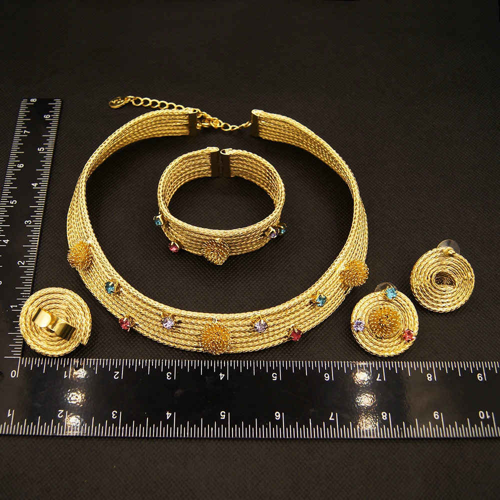 فاخر الذهب اللون النساء طقم مجوهرات حفلة عيد ميلاد أقراط الطوق اكسسوارات مجموعة ملونة الحجر الاصطناعي هدية Yll #4