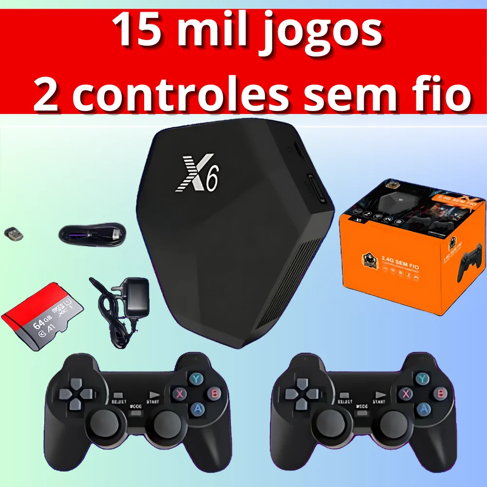 Video Game  4K HD 15 mil jogos Console, +2 Controles X6  Controlador Sem Fio, Mini Game Box,  AV, Saída HD