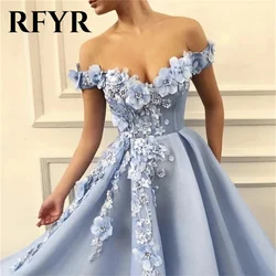 RFYR Baby Sky Blue Princess Prom Dresses Off the Shoulder 3D Flowers Evening Gown Long Formal Party Dress Made Customized
