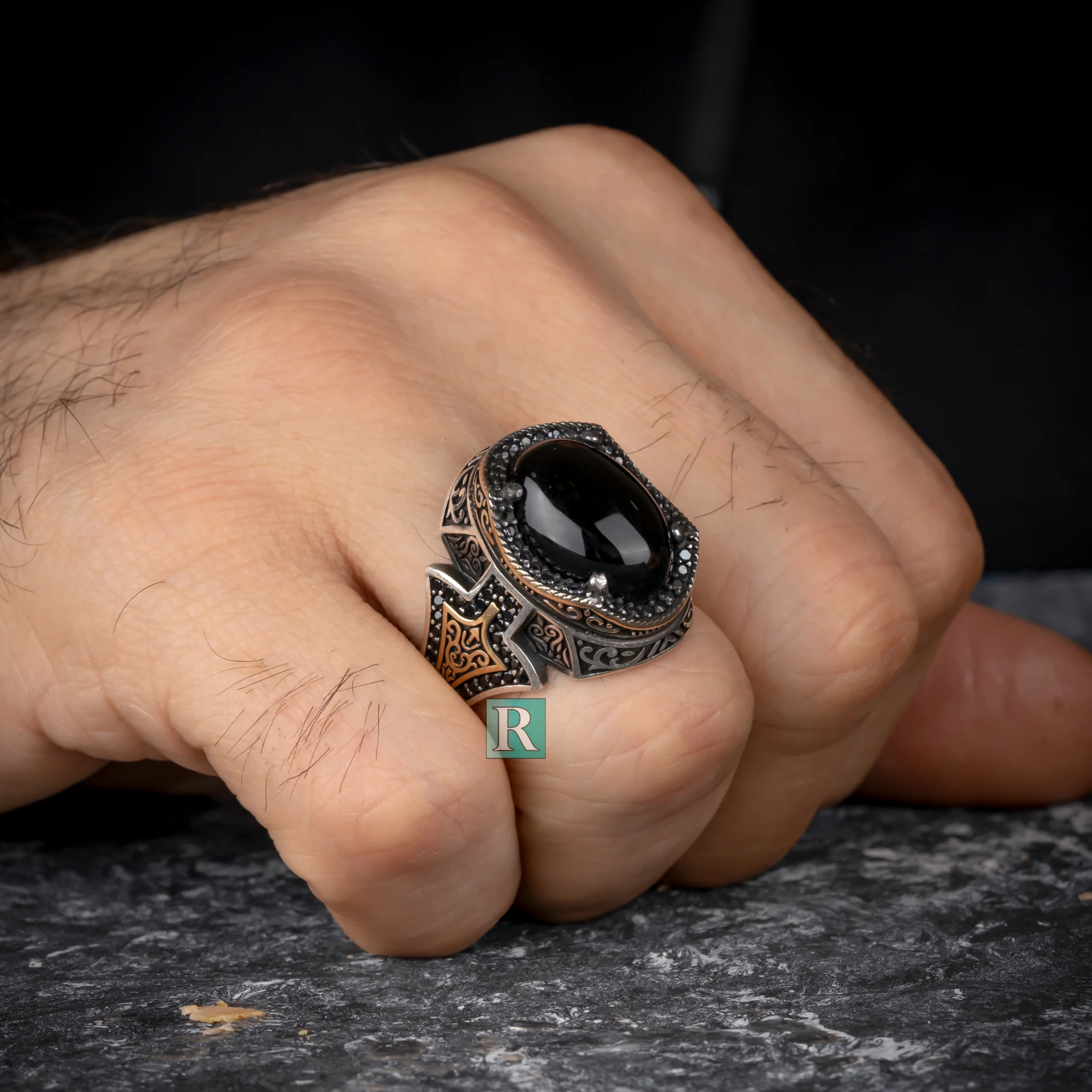 

O​val Black Onyx Stone natural 925 sterling silver ring for men high quality saide stone zircon gift of jewelry