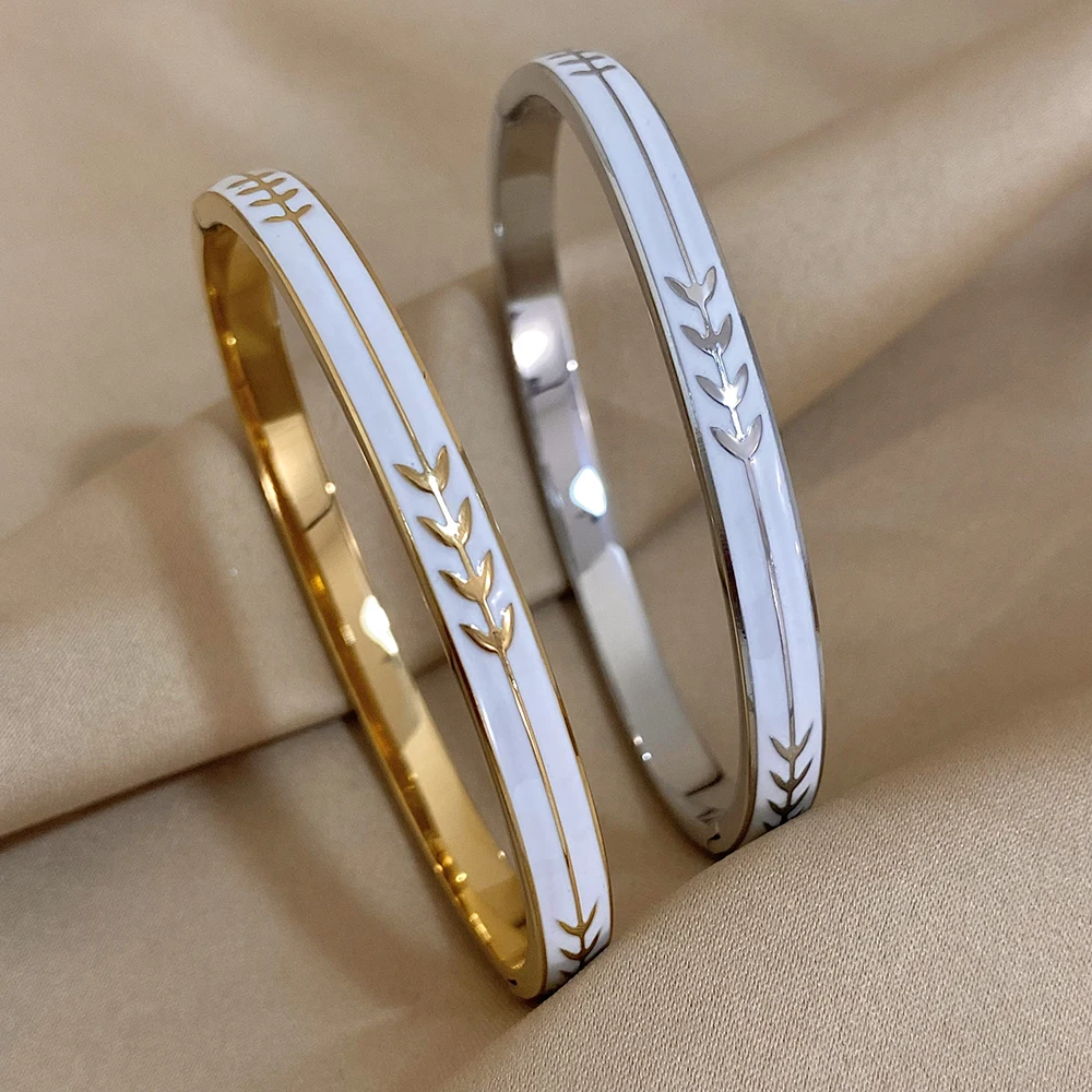 Fashion Enamel Painted Leaf Stainless Steel Bangle Women Vintage Wheat Arrow Ornament Cuff Bracelets Waterproof Golden Wristband