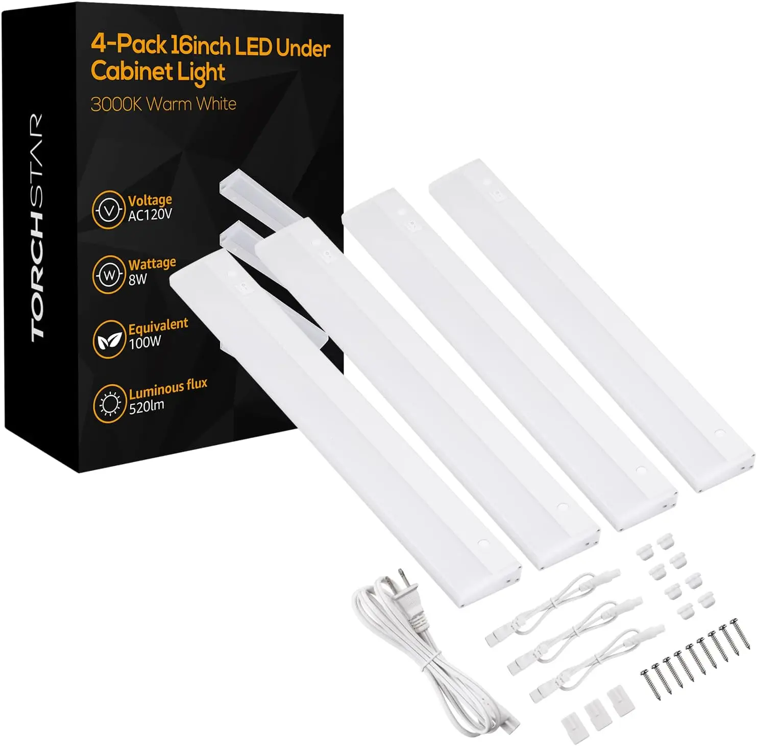 LED Under Cabinet Task Lighting, 8W, 16 Inch, 3000K Warm White, ETL Listed, Linkable, Plug in, White Finished, 4Pcs