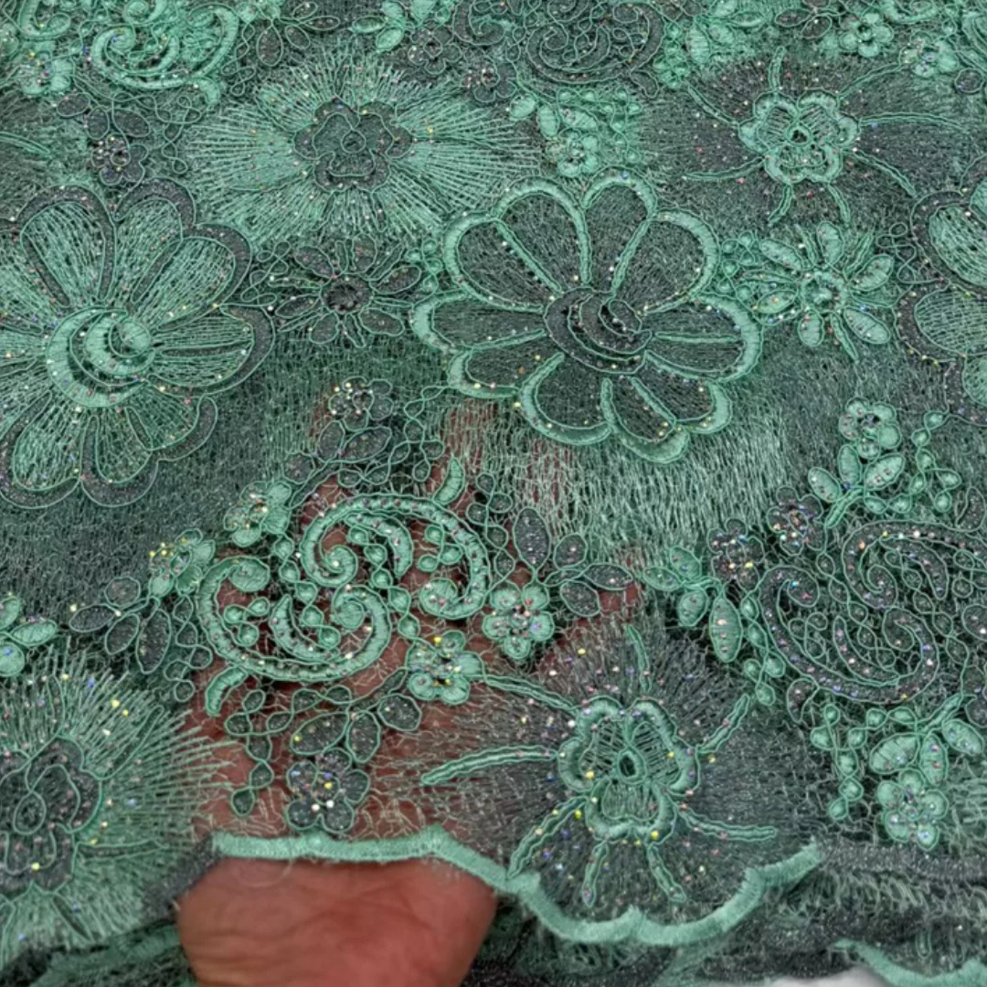 

Guipure Cord Lace Dusty High Quality Hollow Out Rhinestones Green Water Soluble Fabric For African Nigerian Wedding Sewing