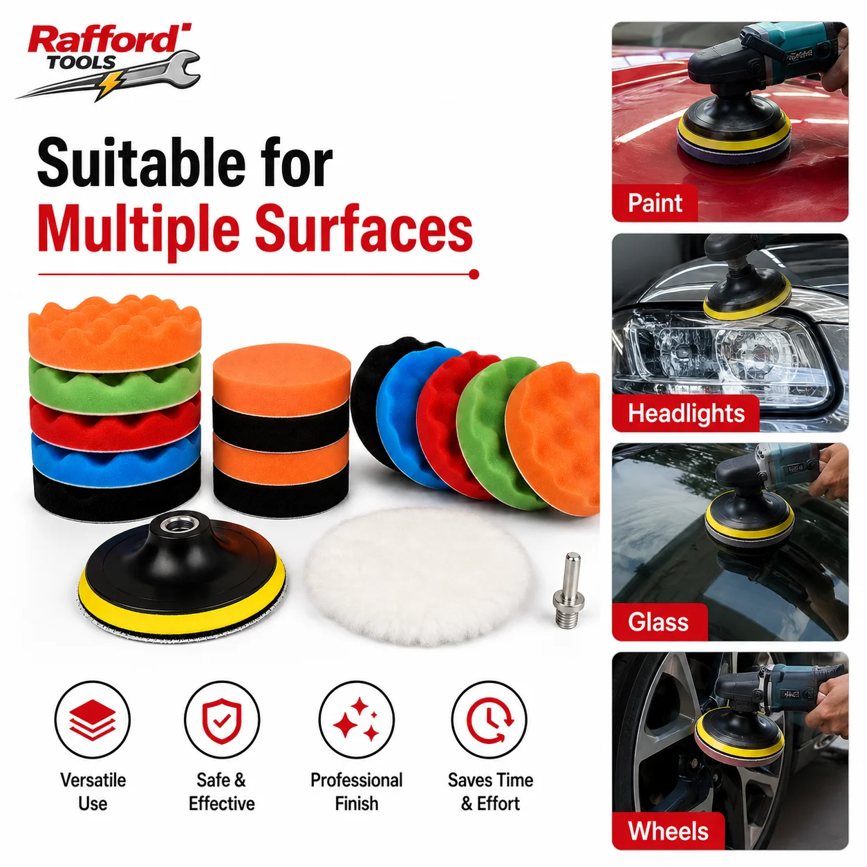 Rafford 12PC 5inch Car Polishing Pads Kit Foam Sponge Wool Pad Buffing Waxing Set Backing Plate Drill Adapter for Auto Detailing