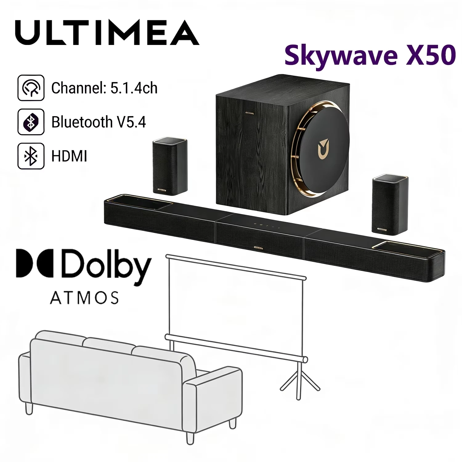 ULTIMEA Skywave X50 5.1.4ch syst�me de son Surround sans fil pour TV avec haut-parleur Bluetooth Dolby Atmos Home Cinema avec Subowoofer