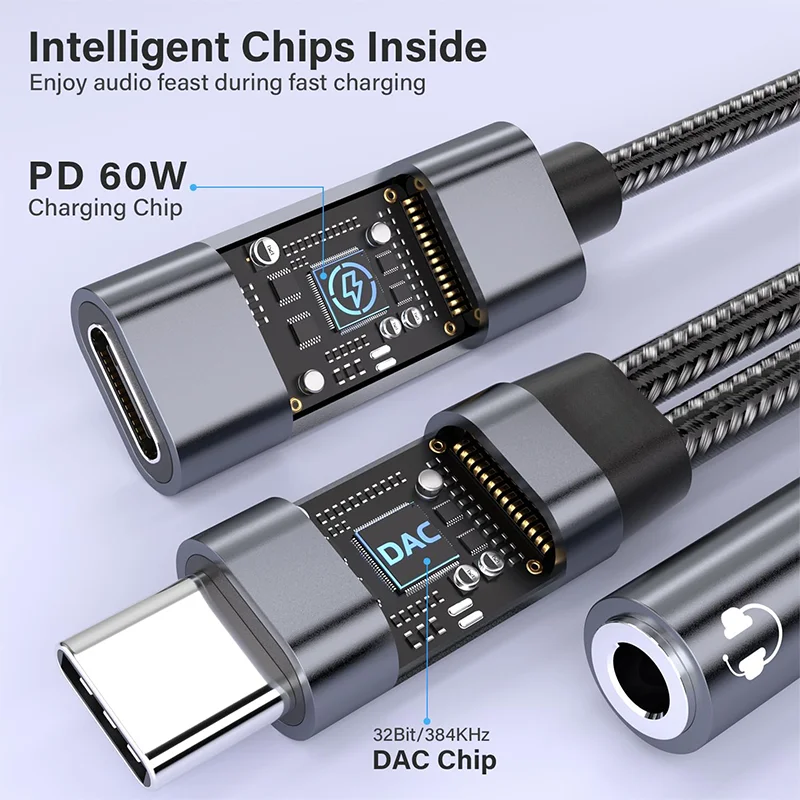2 في 1 USB C الفاصل إلى 3.5 مللي متر مقبس سماعة الرأس ومحول شاحن PD 60 واط شحن سريع الصوت دونغل آيفون 15/16 سامسونج شيا