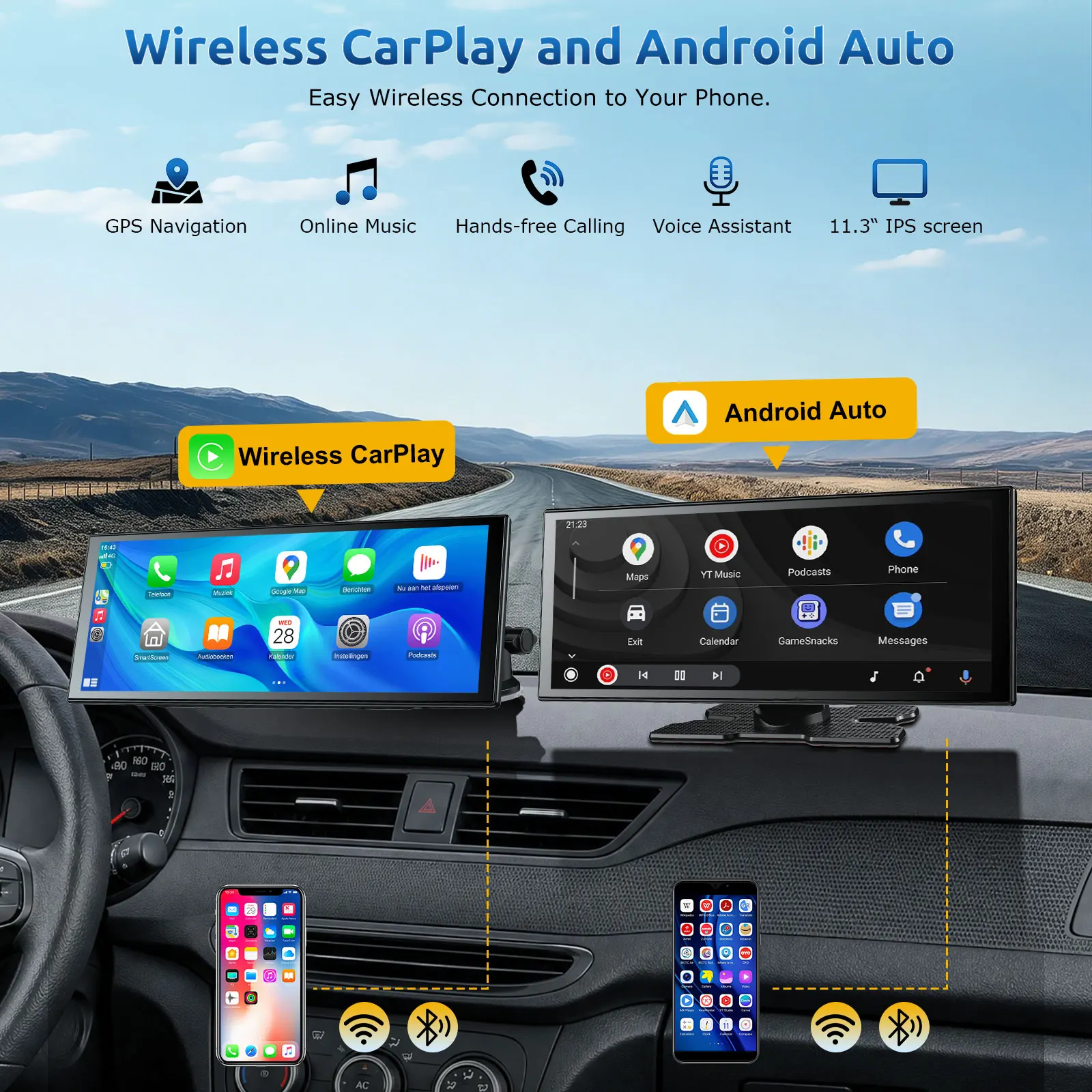 ESSGOO 11.3" 4K+1080P Carplay Android Auto portátil universal doble cámara salpicadero y cámara marcha atrás visión nocturna CarPlay inalámbrico WiFi GPS Navegación grabador vídeo FM Bluetooth 5.3 AUX Mirror Link Para