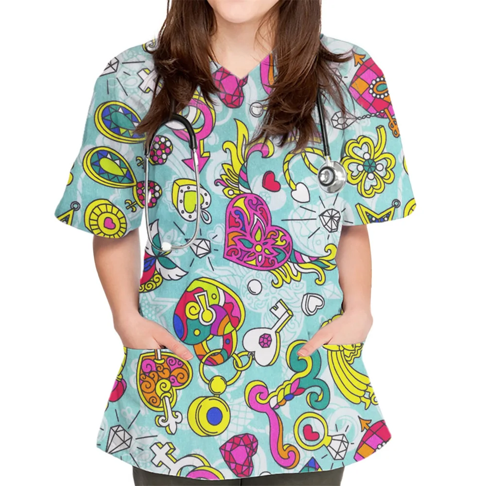 Scrubs Medical Uniforms Woman Nurse Uniform  3D Prints Painted Pattern V-neck Sky T Shirts Galaxy Pocket Nursing Surgical