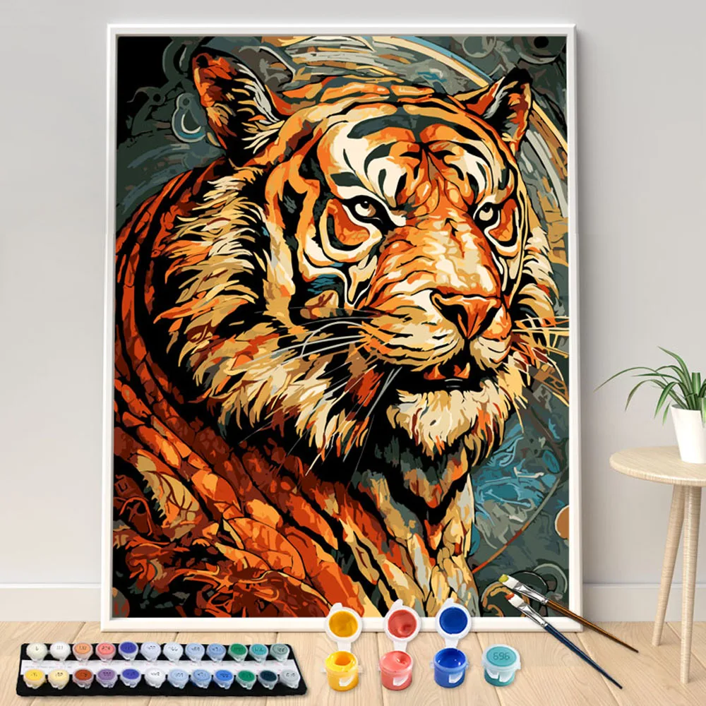 Hand Painted Acrylic Painting by Numbers Kit DIY Acrylic Artwork Canvas Art Gift Forest King Ferocious Tiger Seascape Home