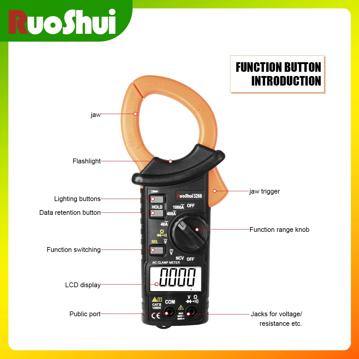 RuoShui 3266 مقياس رقمي عالي الدقة، شاشة عرض كبيرة عالية الوضوح، أقصى عرض، ارتفاع 4000 كلمة 15 مم