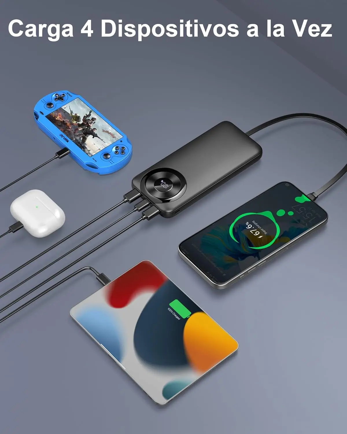 Batería Externa Portátil 2026 de 10000mAh, 3A, Carga Rápida USB-C Entrada y Salida, 4 Salidas, Cargador Portátil con Cable Integrado para iPhone 11/15/12/13/14/16, Xiaomi, Samsung, Tablets y Más