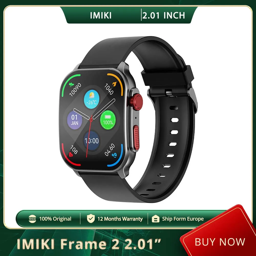 IMIKI Frame 2 Smartwatch, 2,01 inch AMOLED-display, Bluetooth-bellen, 100+ sportmodi, 24/7 gezondheidsmonitoring, slaapmonitoring - grijze horlogeband