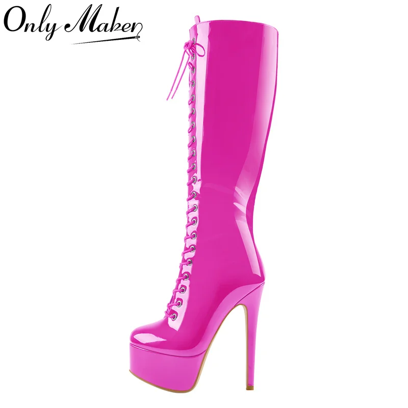 Onlymaker kobiety platforma buty do kolan przód sznurowane cienki wysoki obcas Stiletto Stretch duże rozmiary zimowe seksowne różowe buty damskie