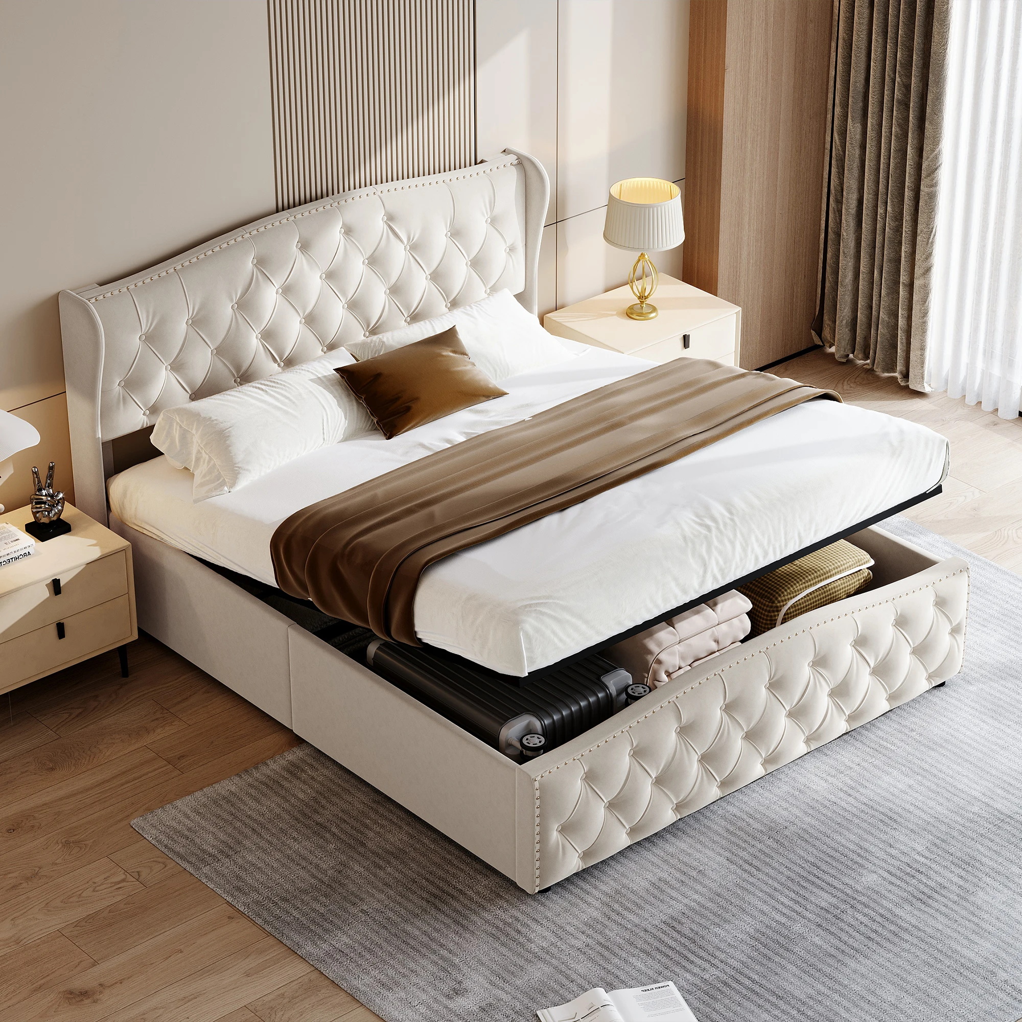 Superaly Cama doble tapizada de 140x200 cm, cama Rivet Wave, cama para adultos, cama con almacenamiento hidráulico, tela de franela, fácil de limpiar
