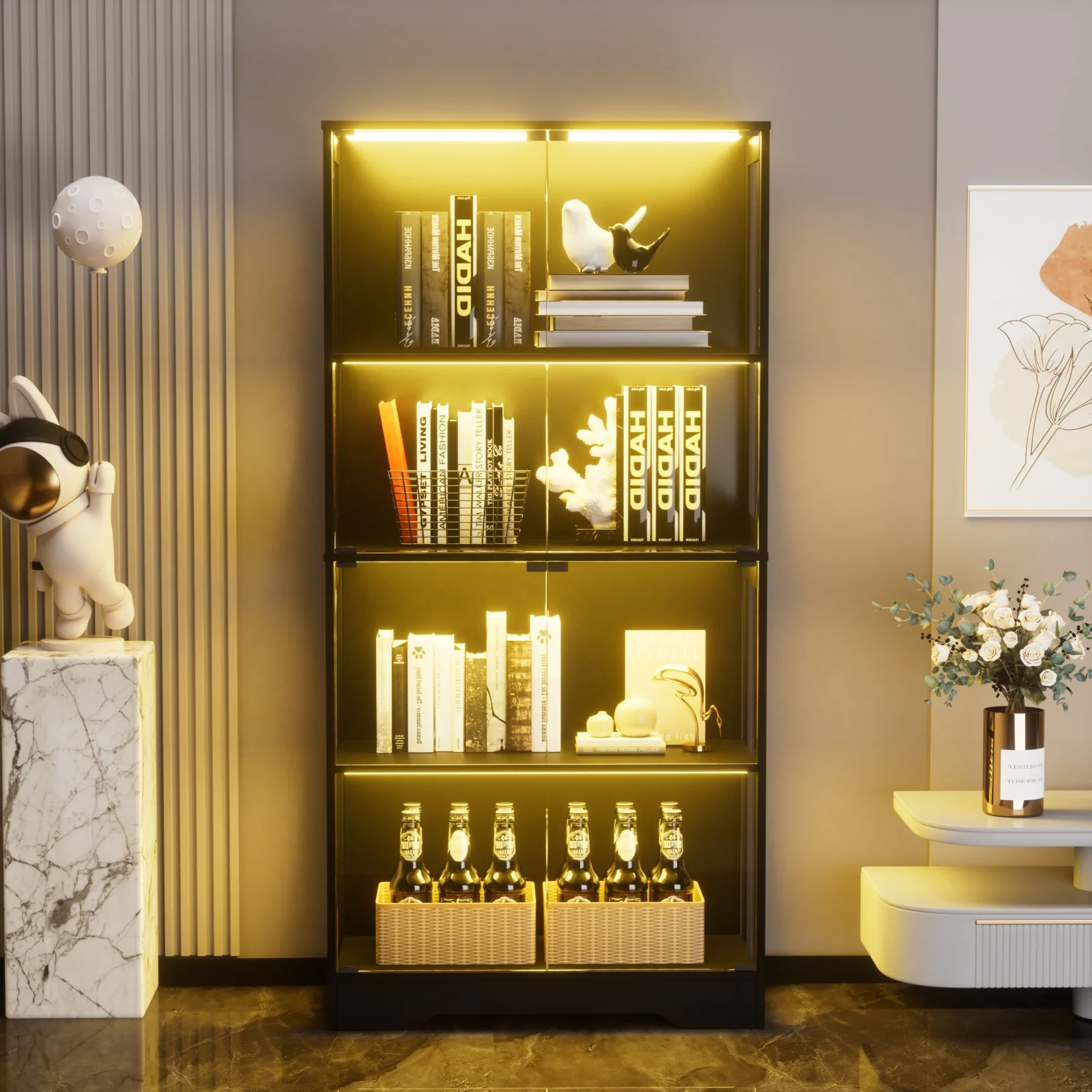 Vitrina de Vidrio con Luz LED y Sensor de Movimiento, 80x35x165cm, Vitrina con Puerta de Vidrio para Colecciones, Hogar y Oficina