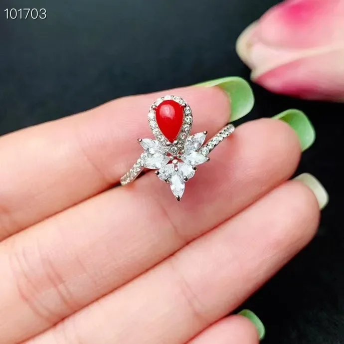 KJJEAXCMY Girls' Natural 4x6mm Red Coral Necklace Pendant Ring 3-Piece Set 925 Pure Silver Plated Platinum High Carbon Diamond