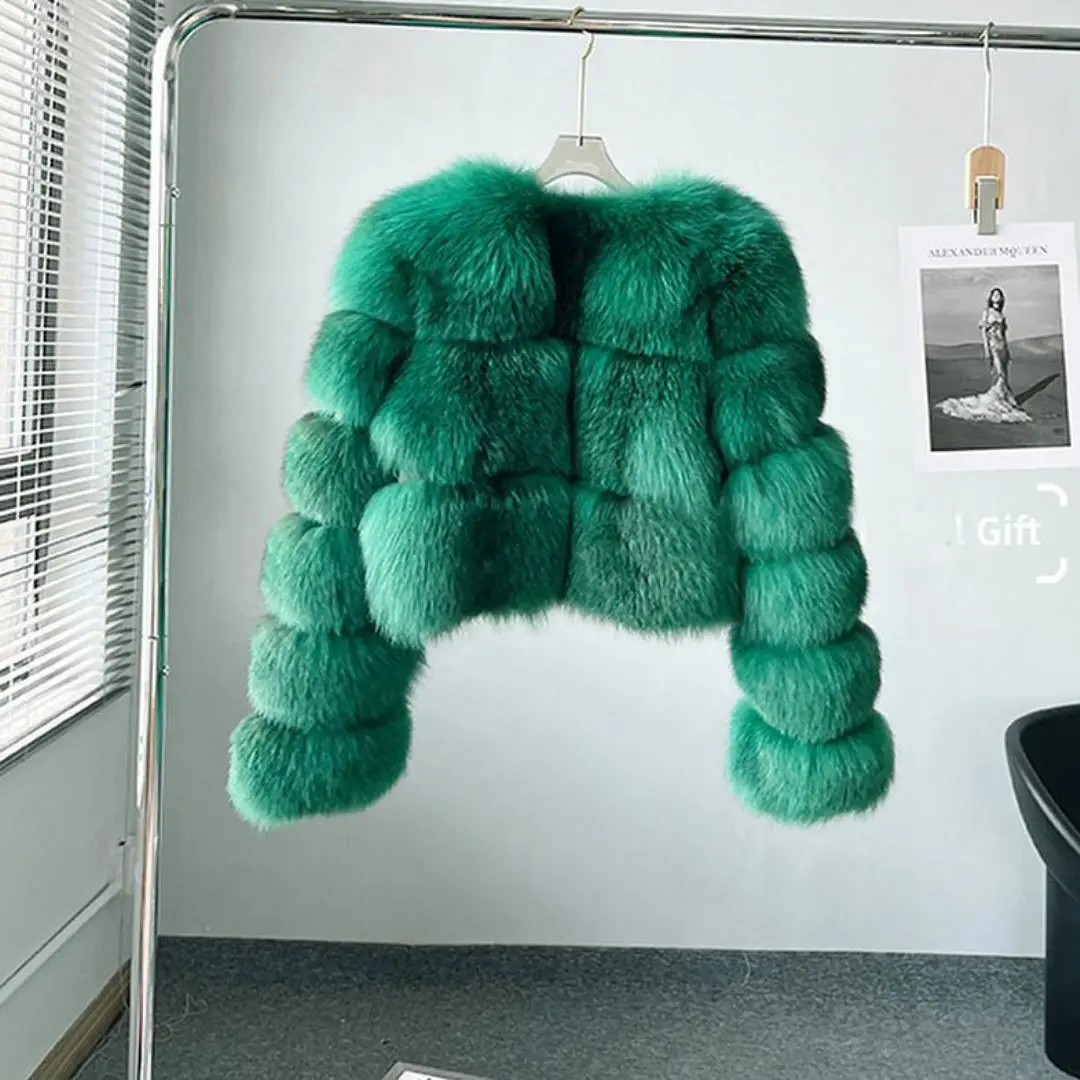 Short Green Natural Fox Fur Jacket Round Collar High Quality Women Winter Fashion Genuine Fox Fur Coat Full Pelt Fur Overcoats