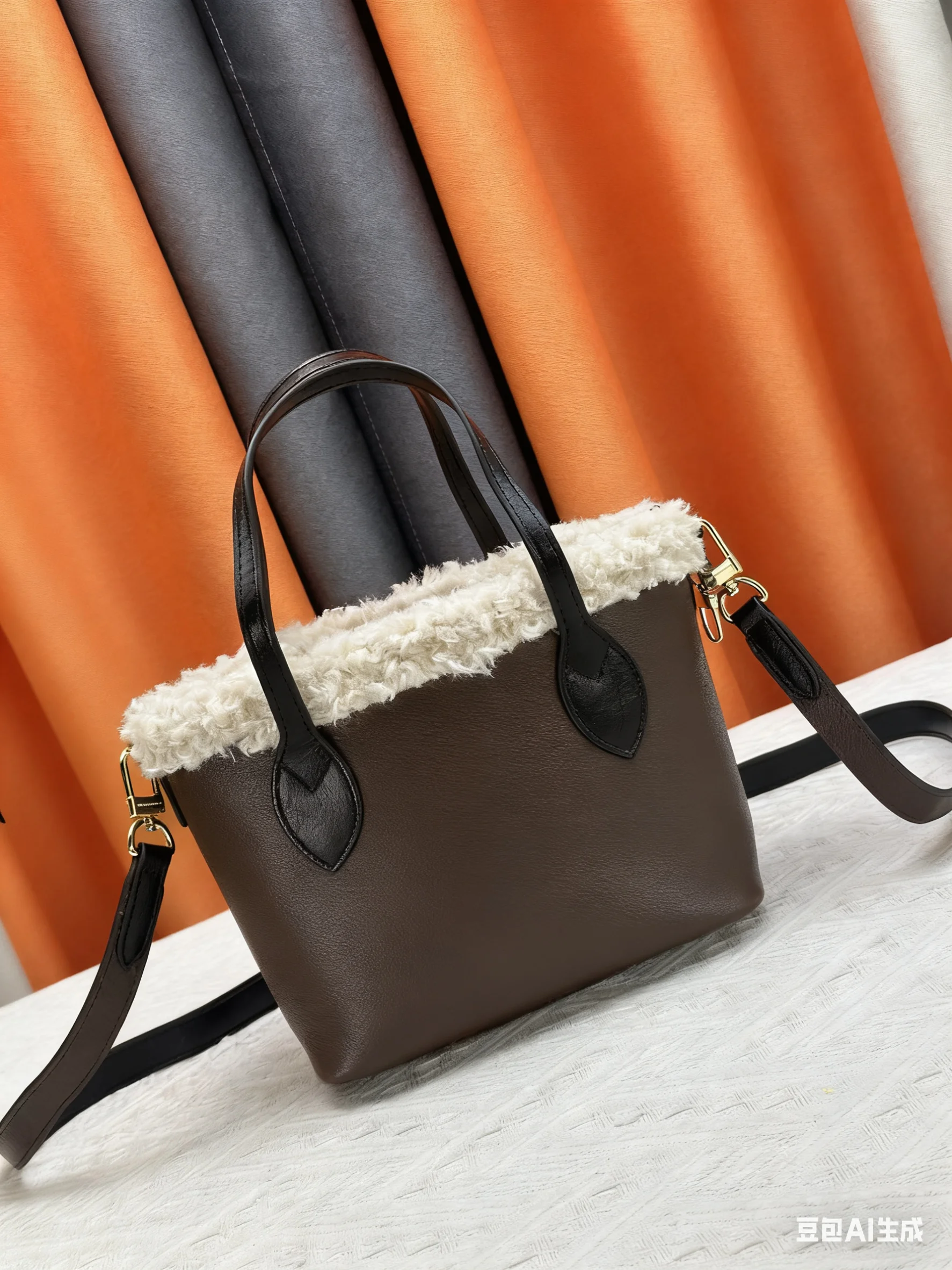 

2025Women's Brown Leather & Faux Fur Tote Bag - Dual Handle Adjustable Strap Winter Shoulder Purse