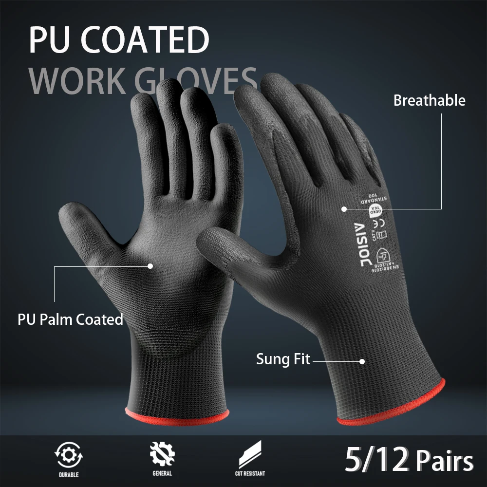 

5/12 Pairs Black PU Coated Work Gloves For Mechanical Repair Outdoor Handling Anti-Slip Breathable