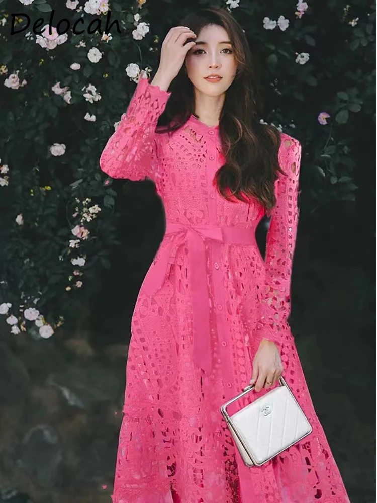 Delocah High Quality Autumn Women Fashion Runway Big Swing Midi Dress Long Sleeve With Belt Shirt Style Solid Hollow Out Dresses