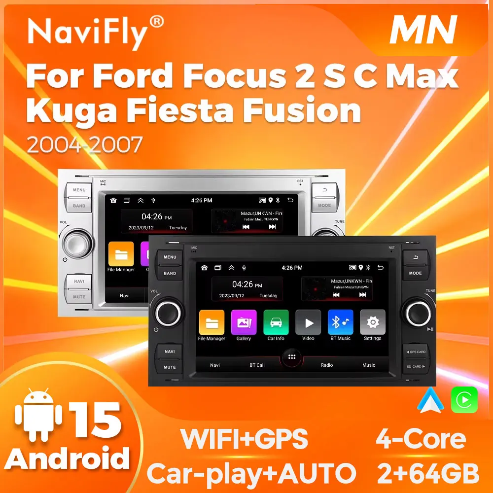 

Автомагнитола Navifly Android 15 с беспроводным CarPlay для Ford Focus 2, S-Max, Kuga, Fiesta, Fusion 2004-2007, мультимедийный видеоплеер с GPS