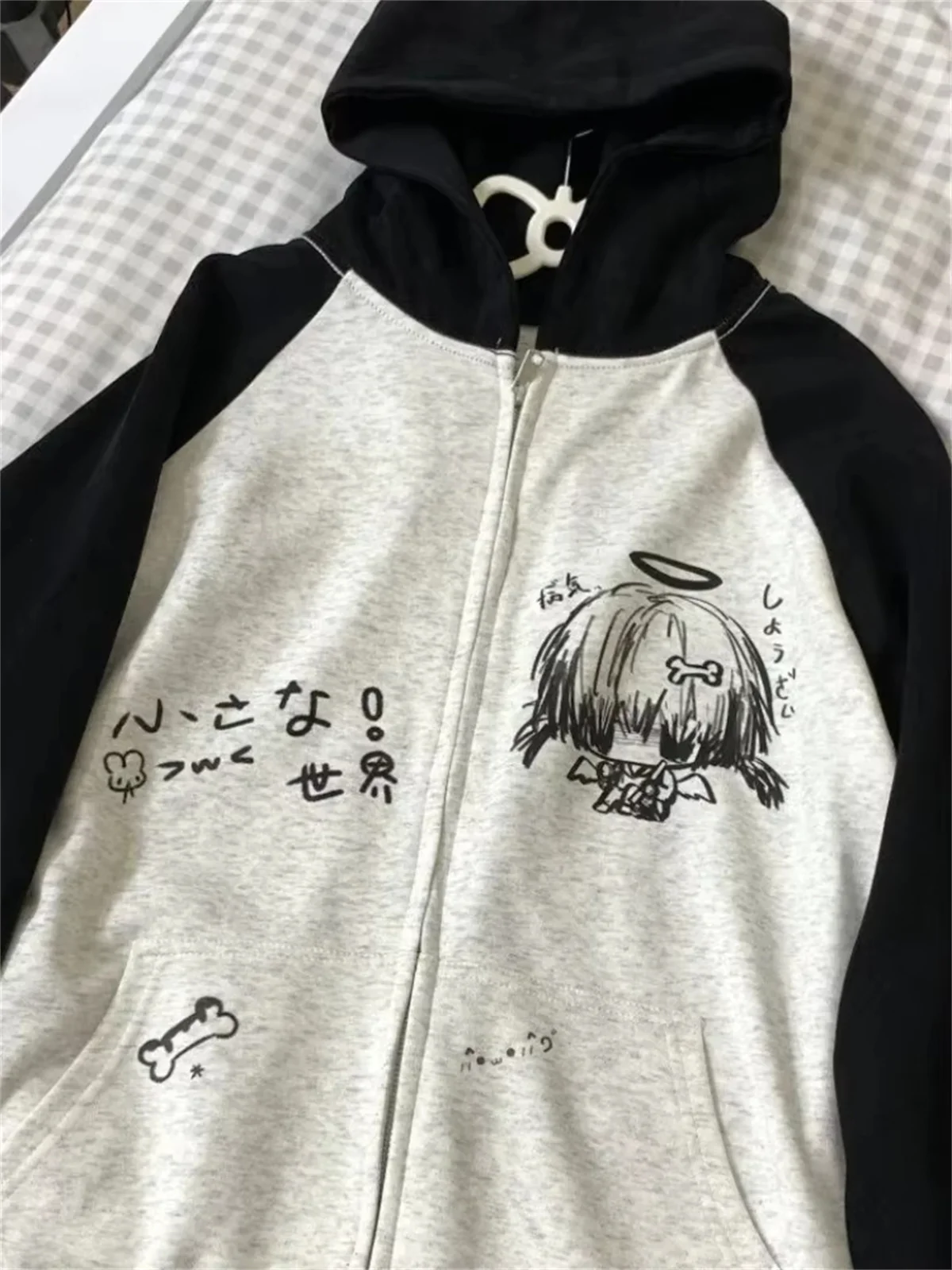 Japanische Kontrastfarben-Kapuzenoberteile für Damen, Y2k-Ästhetik, Cartoon-Print, Grunge-Hoodie, lässiger Reißverschluss-Sweatshirt, Harajuku-Streetwear – Detail 5