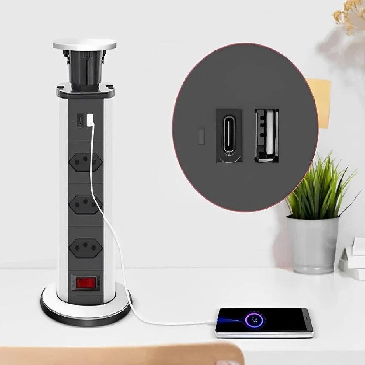 Multi Plug Socket Tower Embed 3 Sockets Countertop Retratil Table Usb Type-C 8691