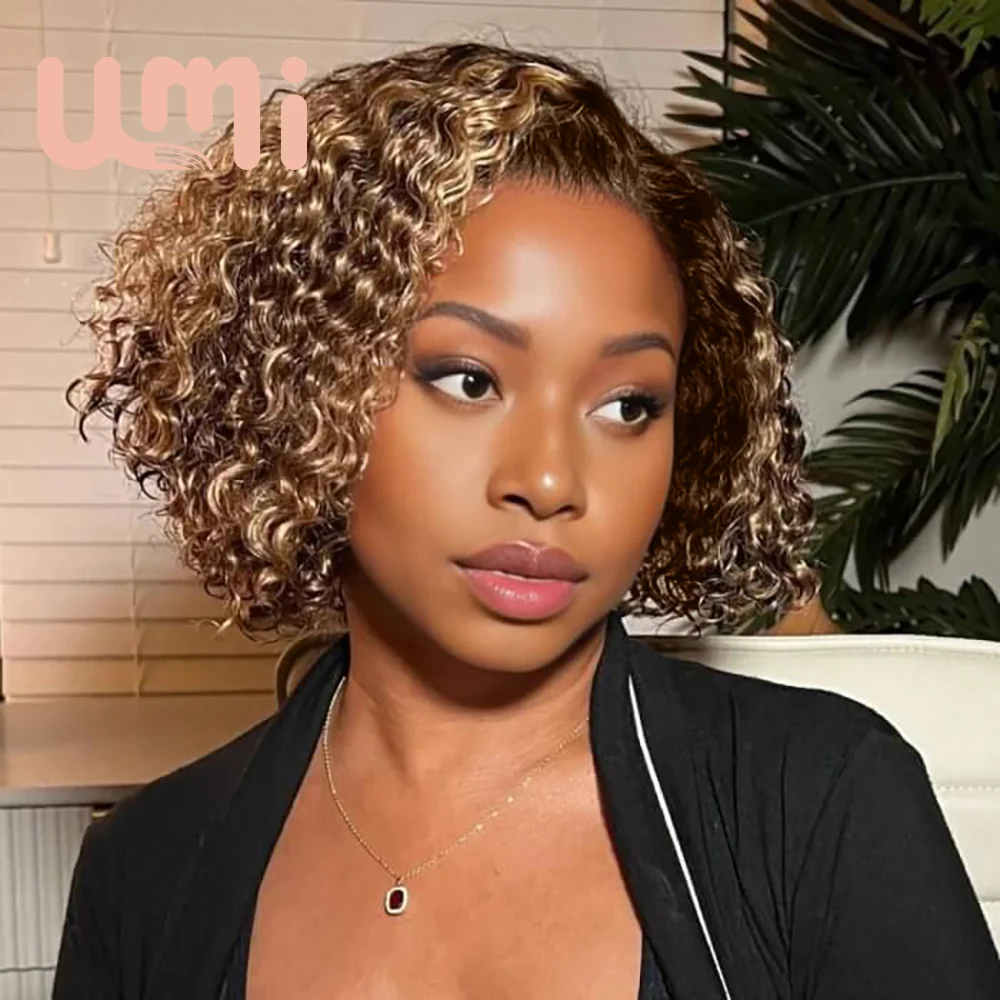 

Umi 13x4 #4/27 Highlight Deep Wave Brown Blonde Frontal Human Hair Lace BOB Wigs 230 Density Short Pre Plucked Ombre Curly Wigs
