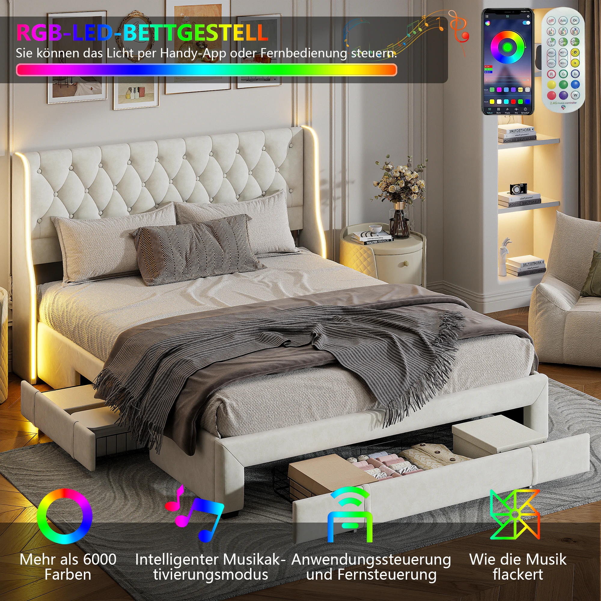 Lit Aura en bois 160x200 cm avec 3 tiroirs de rangement tête de lit meuble de rangement avec support en bois Velours